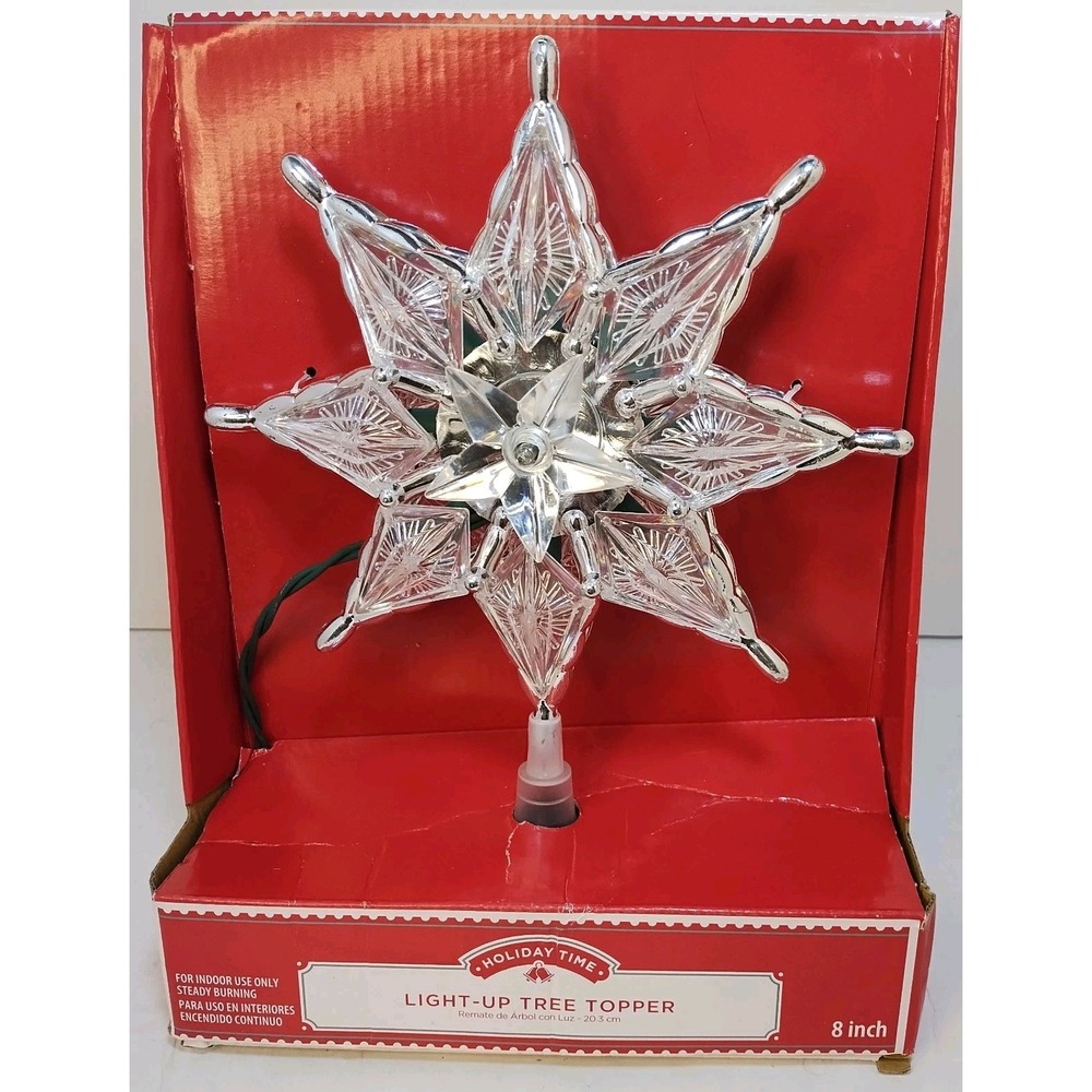 Star Christmas Tree Topper 8" Light Up Silver Clear Holiday Time New